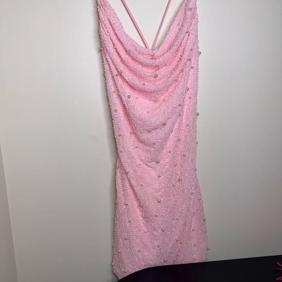Windsor Keira Faux Pearl Strappy Open Back Blush Beaded Mini Dress - Picture 3 of 8